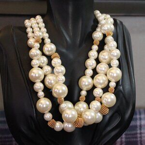 Vintage Faux Pearl Gold Wire Beaded Multistrand Necklace